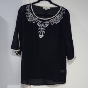 Ya Los Angeles Black Blouse with White Embroidery Size S 75% Silk